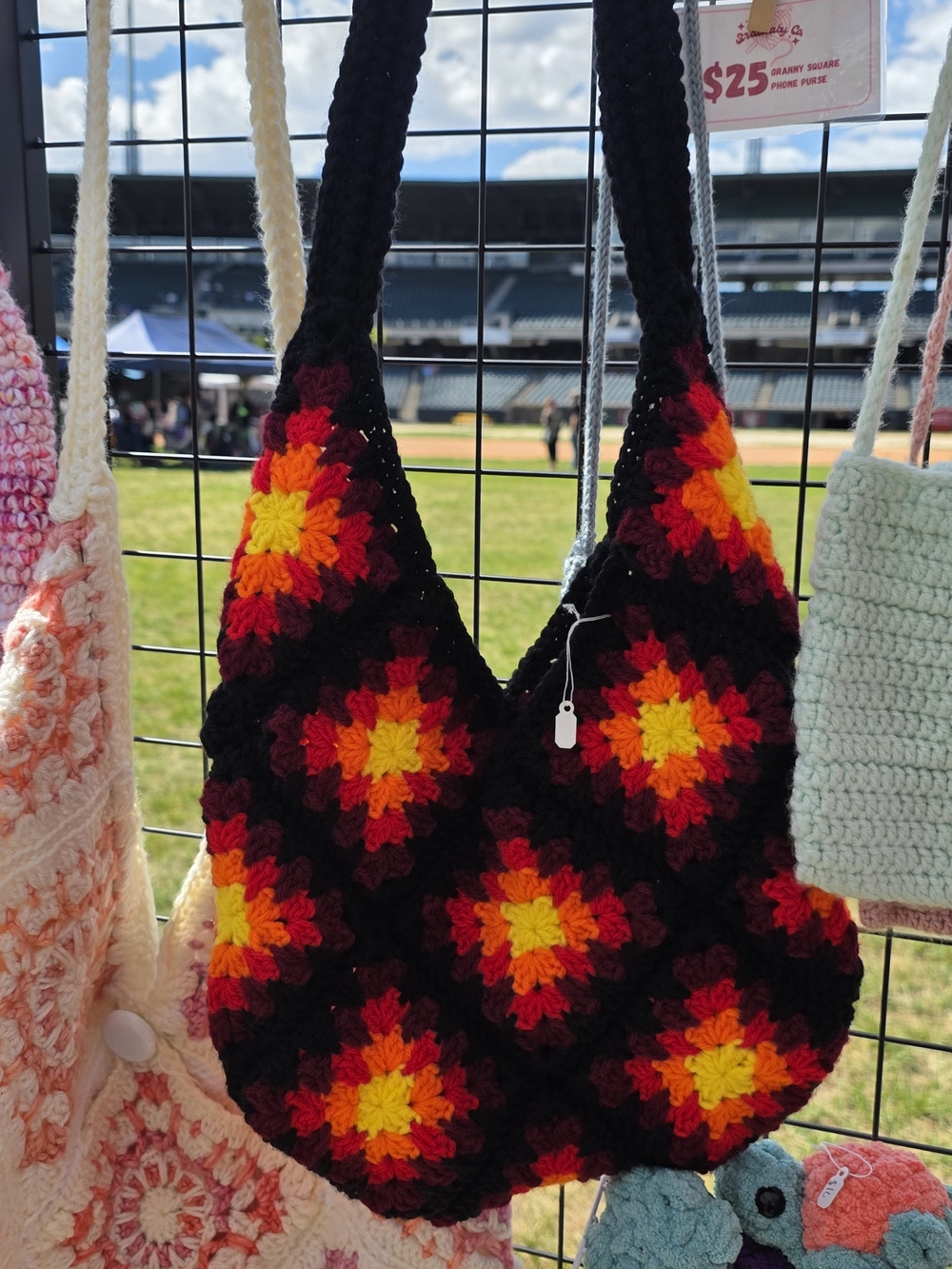 Handmade Crochet Black Multicolor Granny Square Shoulder Bag